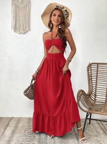 SHEIN VCAY Women's Solid Color Ruffle Trim Halter Neck Casual Vacation Summer Dress - Red - View 5