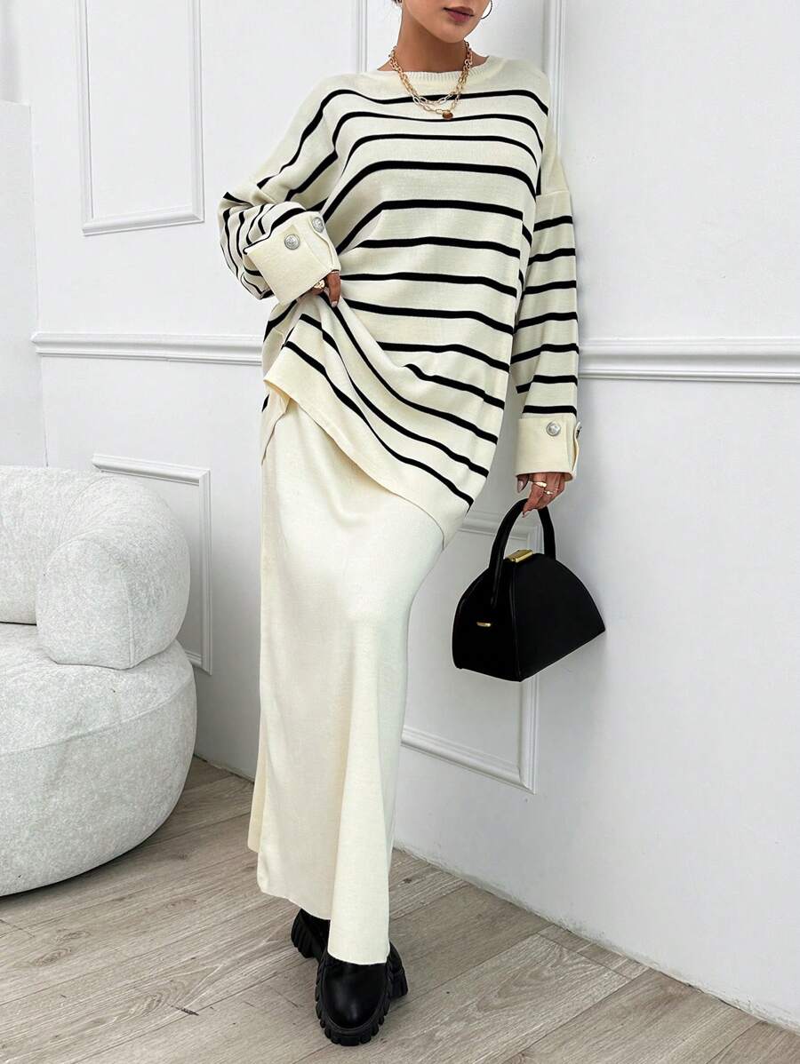SHEIN Tall Striped Pattern Drop Shoulder Sweater & Knit Skirt - Black and White - View 1