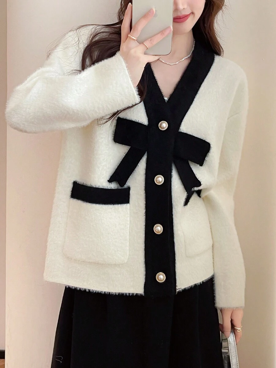 女士蝴蝶结点缀拼色长袖休闲夹克 - 米色 - 查看 1