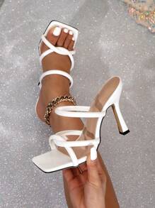 Giày sandal cao gót mũi vuông màu trắng dành cho nữ, thiết kế tối giản, phù hợp cho mùa xuân/hè, với điểm nhấn kim loại. - trắng - Xem 5