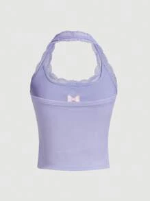SHEIN MOD 春假蝴蝶结印花撞色蕾丝吊带白色紧身上衣 - 淡紫色 - 查看 2