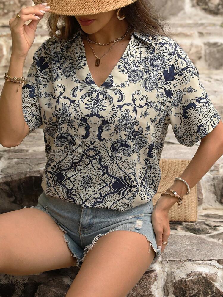 Women's Summer Vacation Floral Printed Short Sleeve Casual Shirt With Lapel Collar