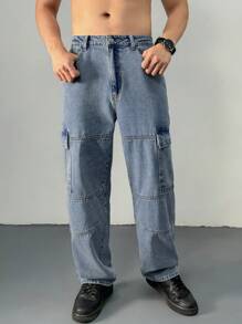 DAZY Men's Casual Washed Straight Leg Cargo Jeans - Blue - View 5