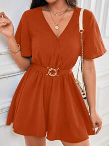 SHEIN Frenchy Bộ áo liền quần ngắn tay có thắt lưng cổ chữ V màu trơn cho trang phục thường ngày mùa hè - màu nâu - Xem 4