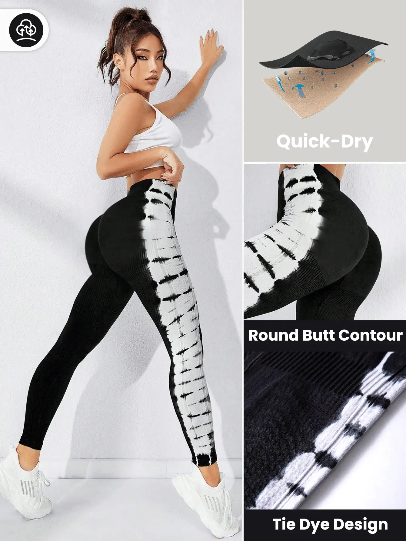 Easithlete Nhuộm buộc Xà cạp yoga Sọc Bảng Cao Co giãn Kiểm soát bụng Điền kinh Quần tất - Đen và trắng - Xem 3