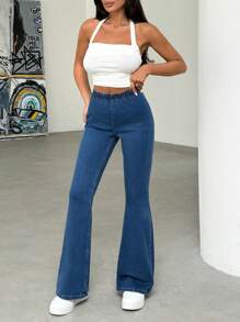 SHEIN Cottnline Quần Jeans Nữ Eo Thấp Eo Co Giãn Chi Tiết Flare Fit - Rửa trung bình - Xem 4