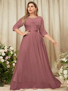 MIUSOL 大码花卉蕾丝束身胸衣搭配喇叭裙摆，长款正式晚礼服 - 藕粉色 - 查看 4