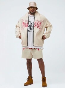 Manfinity VCAY 2 piezas Chaqueta con capucha de manga larga suelta de hombros caídos con estampado de letras y pantalones cortos casuales de unicolor para hombre de talla grande, para usar a diario en otoño e invierno