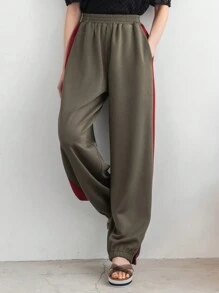 FRIFUL Mujeres Pantalones holgado de bloques de color lateral a la moda para uso casual