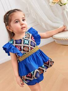 Ensemble de 2 pièces pour fille bébé, top imprimé rétro bleu conservateur et élégant et shorts avec détail de ruban tissé en or, tenues décontractées d'été - Multicolore - Voir 1