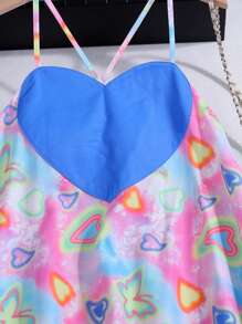 Tween Girl Tie-Dye Element Heart Printed Color-Block Playful Holiday Cami Dress - Multicolor - View 3