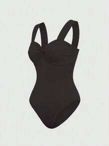 Sweetra Women's Solid Color Pleated Summer Bodysuit, Simple Style - Black - View 3