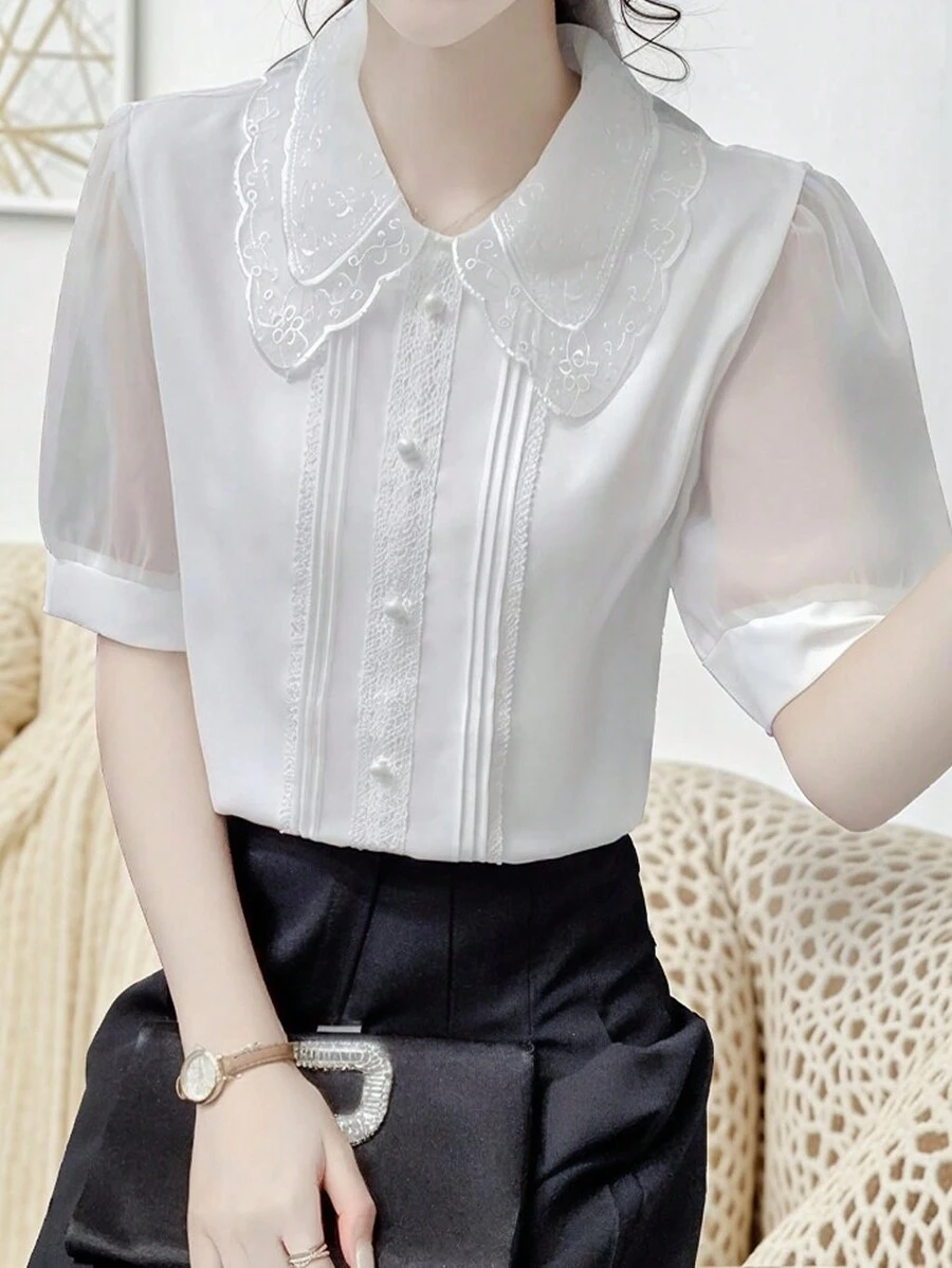 SHEIN LUNE Women's Solid Color Simple Daily Wear Peter Pan Collar Shirt,Short Sleeve Tops