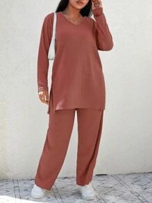 RueChic Plus Solid Split Hem Tee & Wide Leg Pants - Pink - View 1