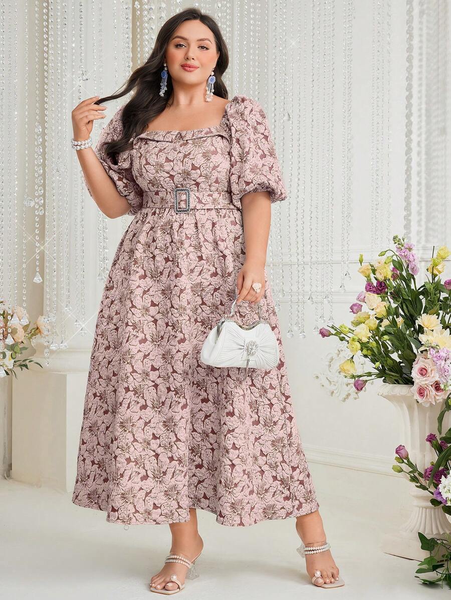 Modelyn Plus Size Women's Fashionable And Elegant Printed Waist Cinched Puff Sleeve Dress Long Evening Dresses - Pink - View 1