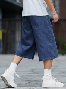 Manfinity Homme Bermuda casual da uomo fino al ginocchio a gamba larga con tasche - Blu lavato scuro - Visualizzare 2