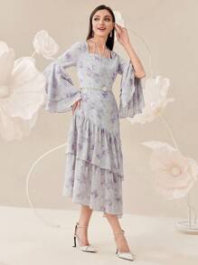 Modelyn 女士优雅花卉印花长袖连衣裙，方形领口，荷叶边下摆，短袖，夏季长款晚礼服 - 彩色 - 查看 8