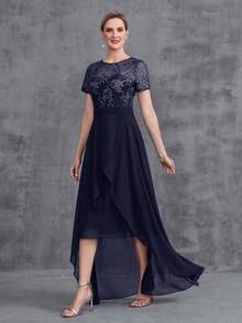 Women' Embroidered Sequins Contrast Chiffon Dress - Navy Blue - View 5
