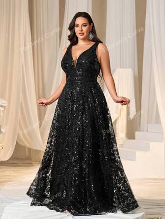 Faeriesty Plus Elegant Floral Sequin Plunging Neck Formal Party Dress,Gown,Evening,Wedding Guest