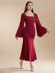 Modelyn Burgundy Red Women's Summer Solid Color Square Neck Flared Sleeve Pleated Party Matching Dress, Evening Party Dress Long Evening Dresses