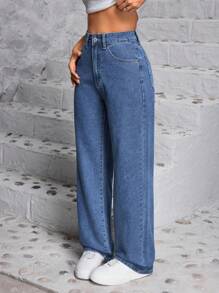 SHEIN EZwear 高腰直筒牛仔褲 - 中等水洗藍 - 查看 5