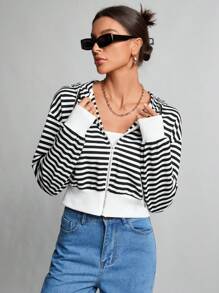 SHEIN Tall Áo hoodie sọc đen trắng có dây kéo - Đen và trắng - Xem 6