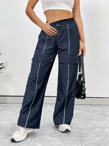 Flirla Pantalones rectos informales para mujeres con borde fluorescente