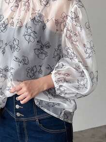 FRIFUL Women Fashion Flower Print Mid Sleeve Shirt Sheer - White - View 12