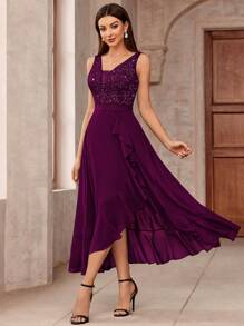 MIUSOL Đầm maxi dự tiệc trang trọng bằng chiffon, cổ chữ V sâu, đính ren và sequin, vạt trước ngắn vạt sau xếp ly, thích hợp cho khách dự đám cưới, lễ tốt nghiệp, dạ hội. - Màu Tím - Xem 7