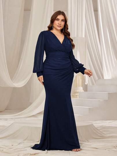 Faeriesty Curve Empowering Plus-Size V-Neck Evening Gown With Lantern Sleeves & Sculpted Mermaid Hem – Timeless Floor-Length Formal Dress For Weddings, Black-Tie Galas, Award Ceremonies, Opera Nights, And High-Profile Charity Events Spring Elegant Party