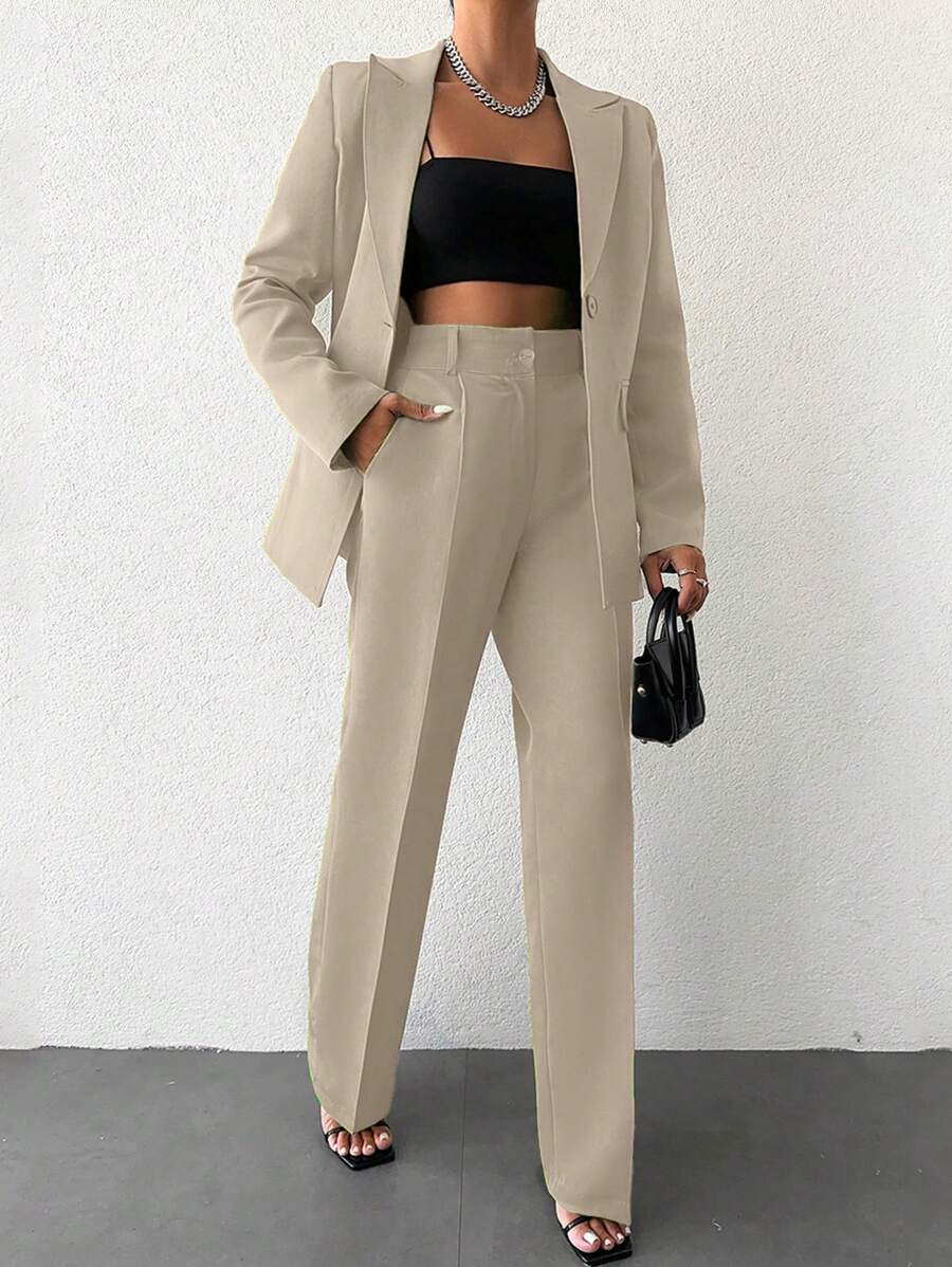 SHEIN Plus Size Women's Beige Solid Color Simple Daily Long Sleeve Long Pants Suit With Pockets - Beige - View 1