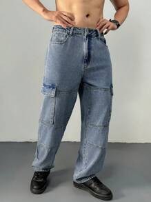 DAZY Men's Casual Washed Straight Leg Cargo Jeans - Blue - View 4