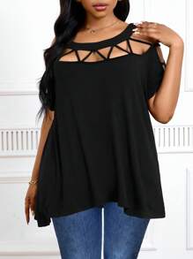 SHEIN Lady 加大码黑色宽松镂空不对称下摆上衣，适合乡村音乐节和狂欢节的夏季 T 恤 - 黑色 - 查看 6