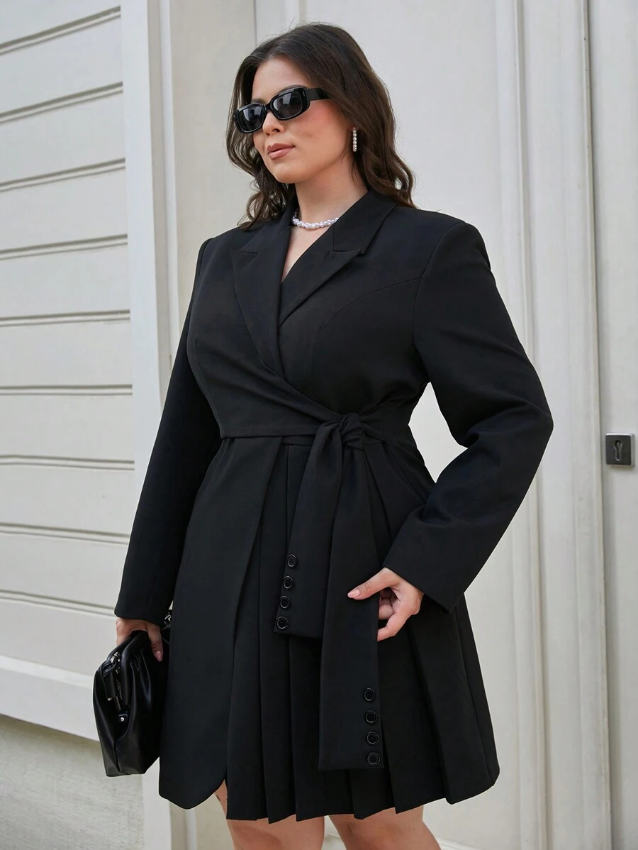 RueChic Lapel Neck Knot Side Wrap Blazer Dress - Black - View 1