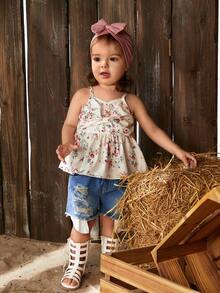 SHEIN 2入組嬰兒女孩優雅蝴蝶與花卉設計米色坦克背心和牛仔褲套裝，適用於春夏季 - 彩色 - 查看 4