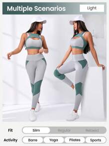 Easithlete 2pcs Softness Fitness Yoga Suit Gym Set Two Tone Cut Out Top Wide Waistband Leggings - Multicolor - View 4