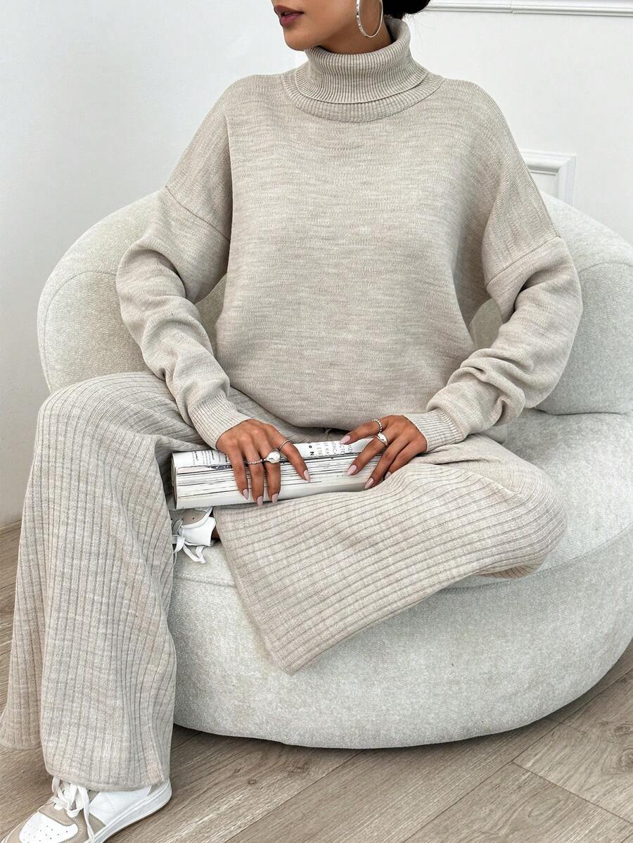 SHEIN Tall 2pcs High Neck Drop Shoulder Sweater And Ribbed Solid Color Sweater Pants, Tall Women - Beige - View 1