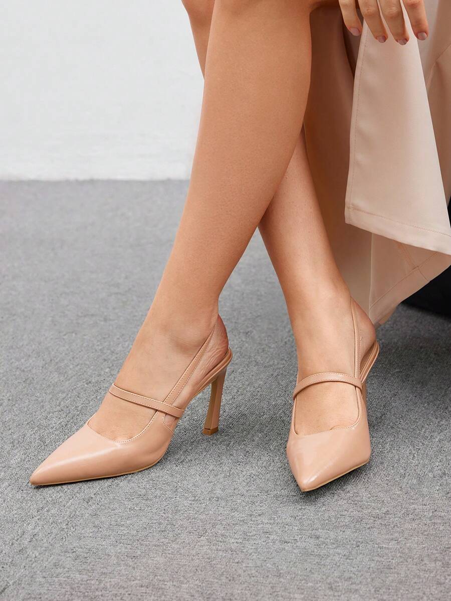 SheIn BIZ Zapatos de tacón alto de punta fina de mujer, estilo simple - Albaricoque - Ver 1