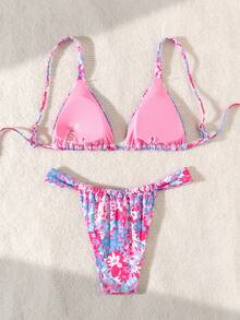 Ladies' Summer Beach Floral Print Sexy Bikini Set, Random Print