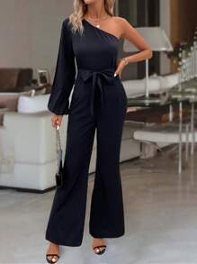 SHEIN Clasi 女性簡約夏季休閒單肩喇叭褲連體褲 - 黑色 - 查看 5