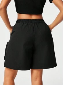 SHEIN EZwear Women's Multi-Pocket Zipper Casual Loose Street Style Solid Color Shorts For Spring/Summer - Black - View 2
