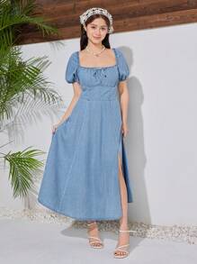 SHEIN Tween Girls Blue Denim Dress - Blue - View 3