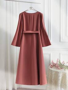 Al Najma Đầm dài tay cổ tròn thắt lưng thanh lịch có cúc phía trước dành cho nữ - Hồng - Xem 2