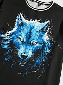 Manfinity LEGND Ensemble de t-shirt décontracté à manches courtes à col rond avec impression de loup d'été et short à taille élastique pour homme de grande taille - Noir - Voir 3