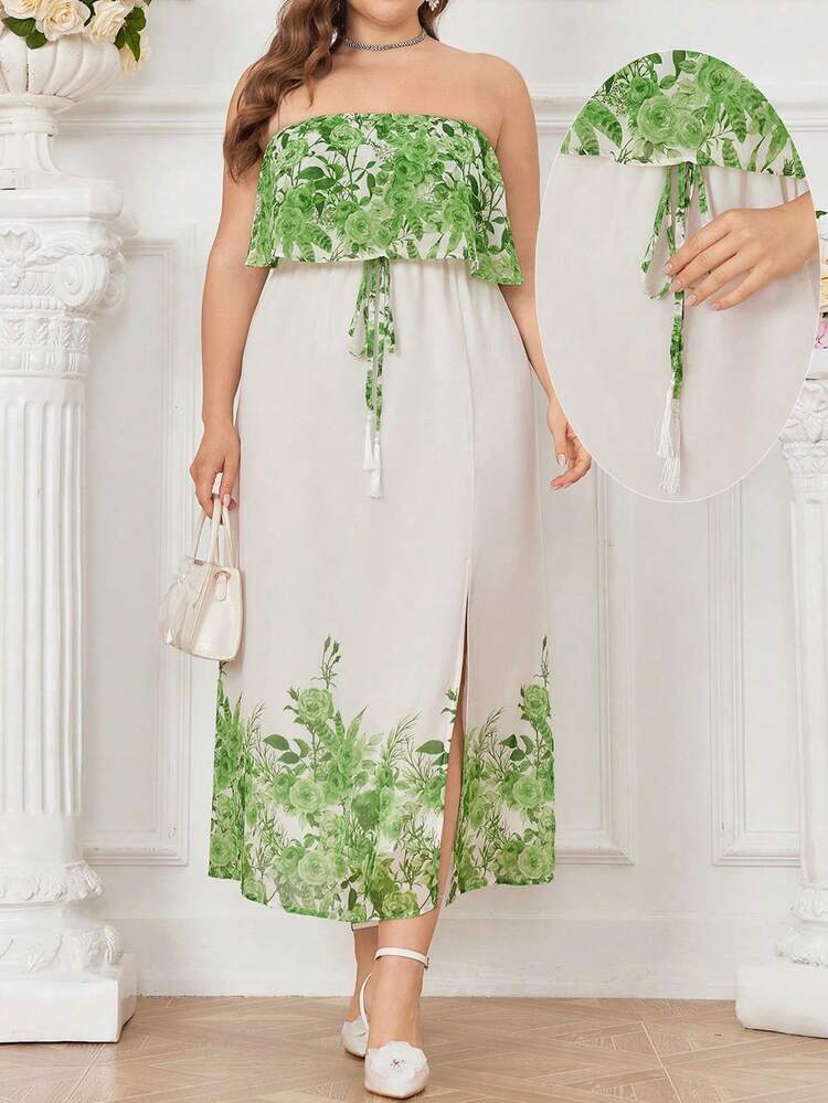 Plus Size Women's Fashionable Green Printed Strapless Slit Dress