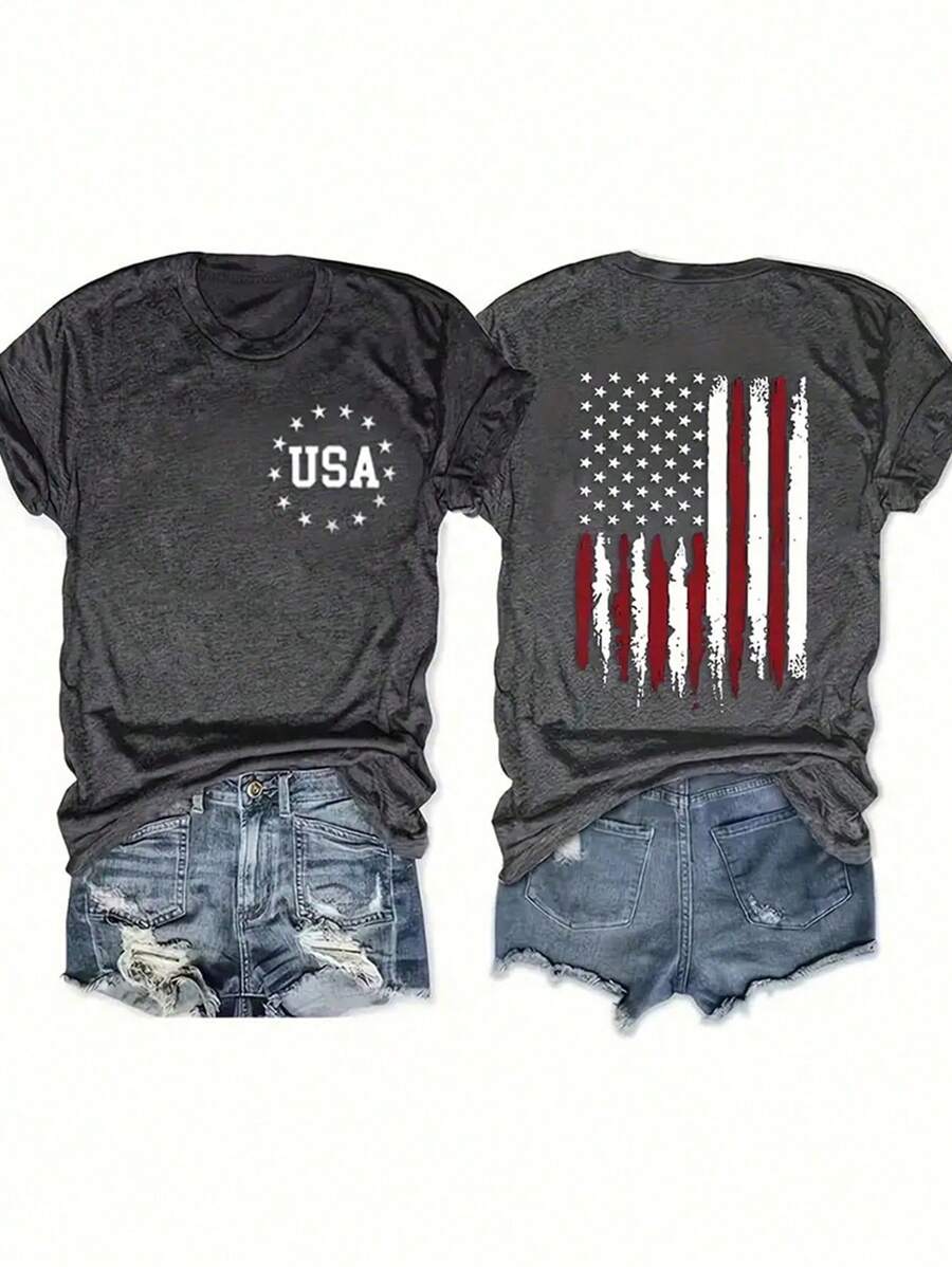 SHEIN LUNE Große Größen Damen Rundhals Kurzarm Lässig T-Shirt mit Amerika-Motiv, Sommer