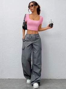 SHEIN EZwear Camiseta rosa básica sin costuras con escote cuadrado y mangas cortas para mujer en verano