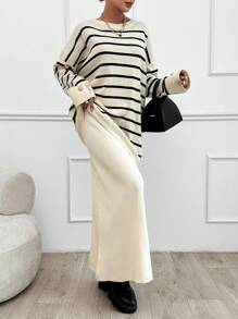 SHEIN Tall Striped Pattern Drop Shoulder Sweater & Knit Skirt - Black and White - View 4