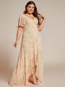 Elegant Plus Size Bridesmaid Dress With Ruffled V-Neckline And Asymmetrical Hemline