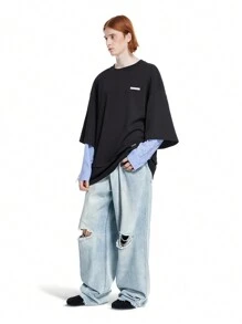 Manfinity EMRG Quần jean baggy rách rách màu xanh nhạt cho nam - Rửa nhẹ - Xem 7